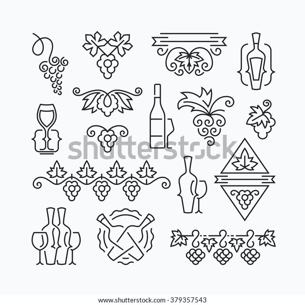 Wine,\
grapes and bottles\' mono line elements for menu, package, design.\
Vector contour flat logo, emblems,\
decorations