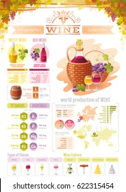 Wine, grapes food and drink infographics icons. Vector alcohol icon set, isolated background. Diagram flyer. Diet vitamin chart table, red, white, rose, glass, world map, vineyard. Flat illustration