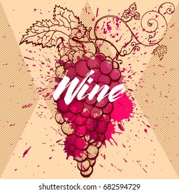 wine, grapes , freehand drawing , vector illustration for design menu and flyers, blot the wine splashes