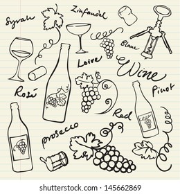 Wine & Grapes Icons Doodle Vector Illustration