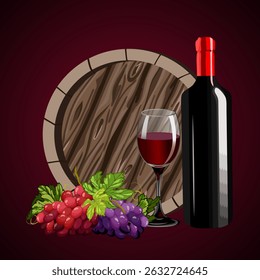 Wine and grapes in illustration.Color vector illustration with grapes and wine in a bottle and glass.
