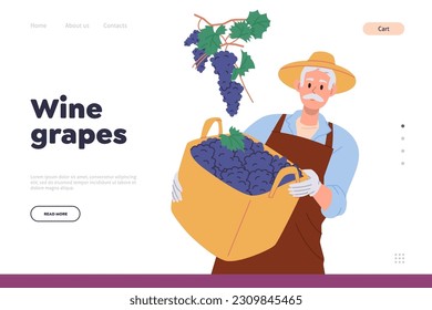 Wine grapes landing page design template with happy senior male farmer harvesting on plantation