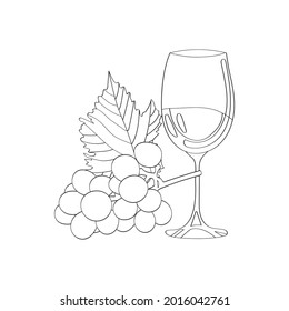 Wine and grapes with a leaf. Hand-drawn vector coloring.