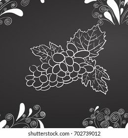 Wine Grapes and Leafs Chalk on Blackboard, Hand drawn healthy food. Black and white. 