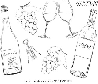 wine and grapes line set 