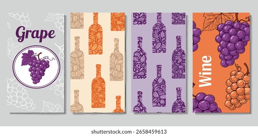 Vinho. Uvas. Logotipo, etiqueta. Cartazes de tipografia. Desenho a lápis simples. Conjunto de ilustrações de vetor planas.
