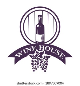 Logo del vino y uva - ilustración vectorial, diseño del emblema sobre fondo blanco.
