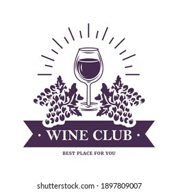 Logo del vino y uva - ilustración vectorial, diseño del emblema sobre fondo blanco.
