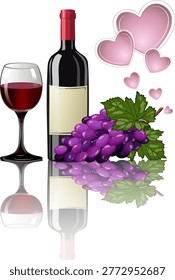 Wine and grapes with mirror reflection.Vector illustration with red wine in a glass and bottle and a bunch of grapes on a transparent background with reflection.