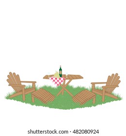 wine and grapes on a wooden garden table on the lawn