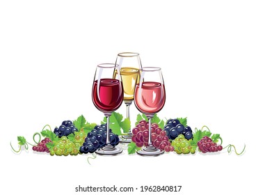Wine and grapes realistic vector still life for poster, invitation, menu or internet decoration. Autumn harvest and delicious food and drink.
