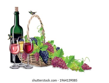 Wine and grapes realistic vector still life for poster, invitation, menu or internet decoration. Autumn harvest and delicious food and drink.