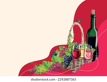 Wine and grapes realistic vector still life for poster, invitation, menu or internet decoration. Autumn harvest and delicious food and drink. Vector illustration on an abstract background.