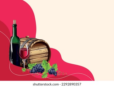Wine and grapes realistic vector still life for poster, invitation, menu or internet decoration. Autumn harvest and delicious food and drink. Vector illustration on an abstract background.