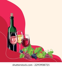 Wine and grapes realistic vector still life for poster, invitation, menu or internet decoration. Autumn harvest and delicious food and drink. Vector illustration on an abstract background.