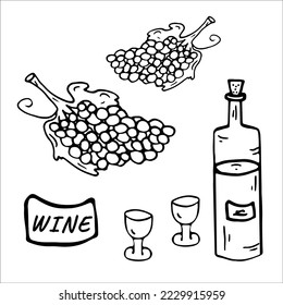 Wine, grapes, two glasses. Coloring page. Vector illustration. Elements for wall art, coloring, printing, design illustrations in the style of outline, line art.