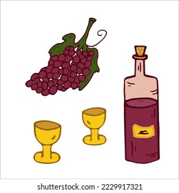 Wein, Weintrauben, zwei Gläser. Doodle-Stil. Vektorgrafik. Elemente für Wandkunst, Färbung, Druck, Design-Illustrationen im Stil von Umriss-, Linien-Kunst.