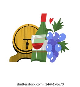 Wine and grapes. Vintage hand drawn postcard, vector illustration.