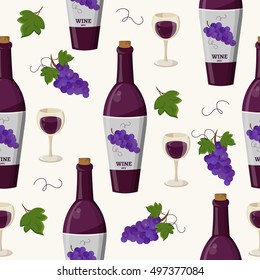 Wine and grapes winemaking vector set illustration seamless pattern with tree,wineglass and leaf. Vector Template illustration background.