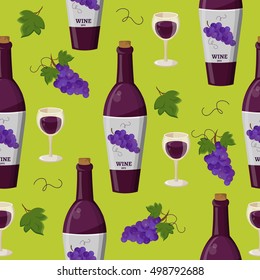 Wine and grapes winemaking vector set illustration seamless pattern with tree,wineglass and leaf. Vector Template illustration background.