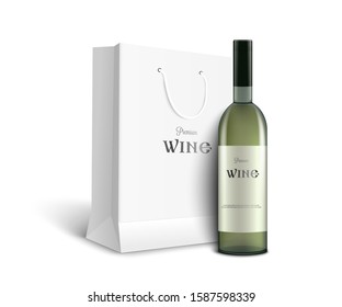 Wine green dark bottle with blank label and paper gift pack mockup realistic vector illustration isolated on white background. Template for alcoholic drinks branding.