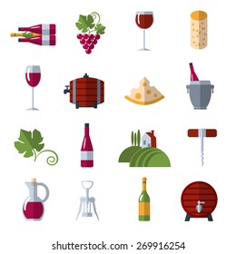 Wine growing production and consumption flat icons set with warehouse barrels and grape abstract vector isolated illustration