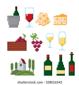 Wine growing production and consumption pixel icons set. Pixel art. Old school computer graphic style.