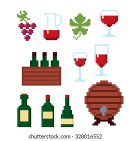 Wine growing production and consumption pixel icons set. Pixel art. Old school computer graphic style.