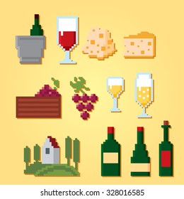 Wine growing production and consumption pixel icons set. Pixel art. Old school computer graphic style.