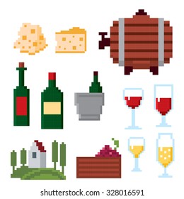 Wine growing production and consumption pixel icons set. Pixel art. Old school computer graphic style.