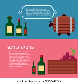 Wine growing production and consumption pixel banners set. Pixel art. Old school computer graphic style.