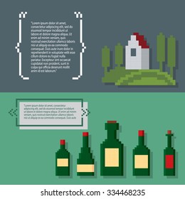 Wine growing production and consumption pixel banners set. Pixel art. Old school computer graphic style.