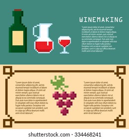 Wine growing production and consumption pixel banners set. Pixel art. Old school computer graphic style.