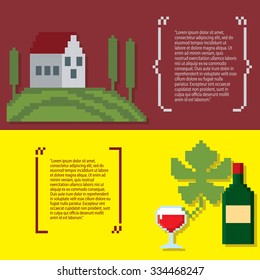 Wine growing production and consumption pixel banners set. Pixel art. Old school computer graphic style.