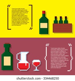 Wine growing production and consumption pixel banners set. Pixel art. Old school computer graphic style.