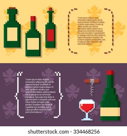 Wine growing production and consumption pixel banners set. Pixel art. Old school computer graphic style.