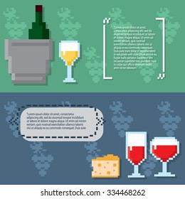Wine growing production and consumption pixel banners set. Pixel art. Old school computer graphic style.
