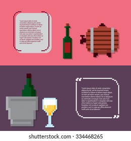 Wine growing production and consumption pixel banners set. Pixel art. Old school computer graphic style.