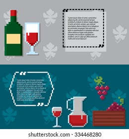Wine growing production and consumption pixel banners set. Pixel art. Old school computer graphic style.