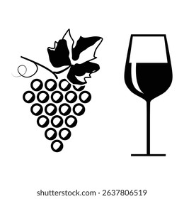 wine half filled glass with grapes silhouette icon vector illustration design on white background