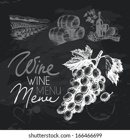 Wine hand drawn chalkboard design set. Black chalk texture
