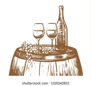 Wine hand drawn composition, glasses, a bottle of wine, and grapes on a barrel. Sketch vector illustration isloated on white background.