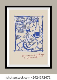 Wine hand drawn illustration in a poster frame for wall art gallery