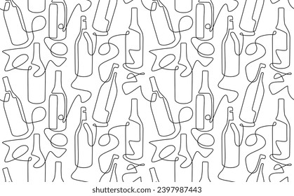 Wine hand drawn seamless pattern isolated on white background. Continuous line drawing style. Vector illustration.