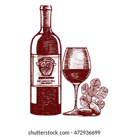 Wine Hand Drawn Sketch. Menu Design bottle of wines, glass and grapes. Vector illustration of Winemaking alcoholic drink.