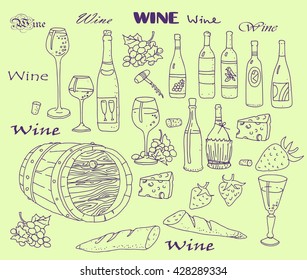 Wine. Hand drawn style. Vector illustration with wine barrel, wine glass, grapes, grape twig,baguette, strawberry . Classical alcoholic drink. Vector