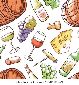 Wine hand drawn vector color seamless pattern. Wine barrel, bottle, wineglass detailed drawings on white background. Winery decorative texture. Winemaking wrapping paper, textile, wallpaper design