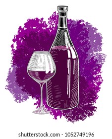 Wine hand drawn vector illustration: a bottle of red wine and glass  on the background of purple and violet watercolor stains