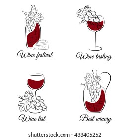 Wine hand drawn vector set. Can be used for wine list, menu restaurant, logo, emblem, wine tasting bar or winery illustration.