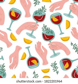 Wine, hand, lemons. Hand drawn colored vector seamless pattern. background for textile, prints, paper products, the Web. 